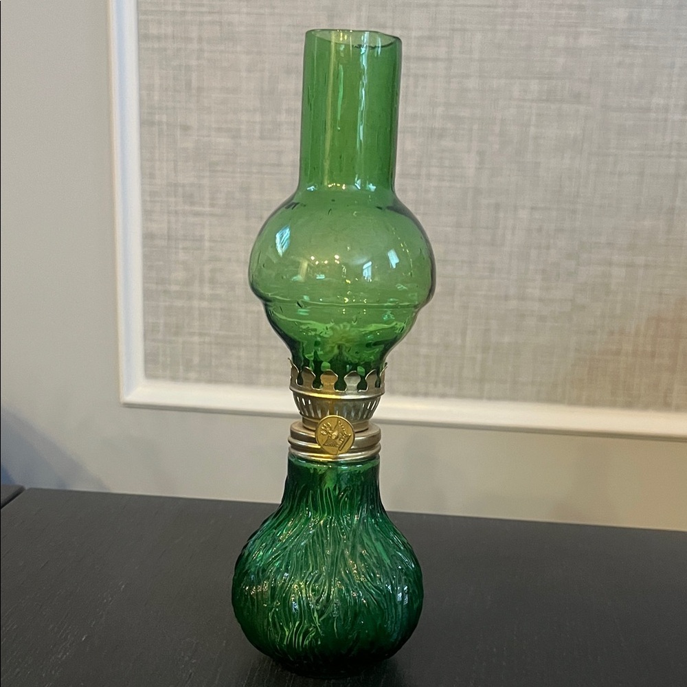 Beautiful 9 Inch Vintage Green Glass Oil Lamp